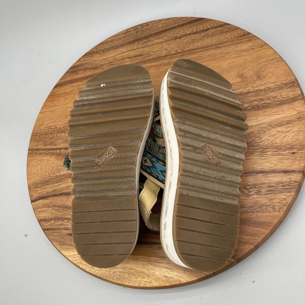 Teva Flatform Ceres Sandals Womens Size 8 Teal Blue Aztec Design Boho Fringe - Picture 7 of 9